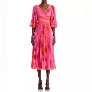 Teri Jon by Rickie Freeman Women’s Printed Chiffon Pleated Dress Pink Multi Sz 2